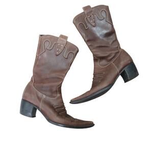 Migliorini Brown Leather Mid Calf Western Cowboy Boots 36.5